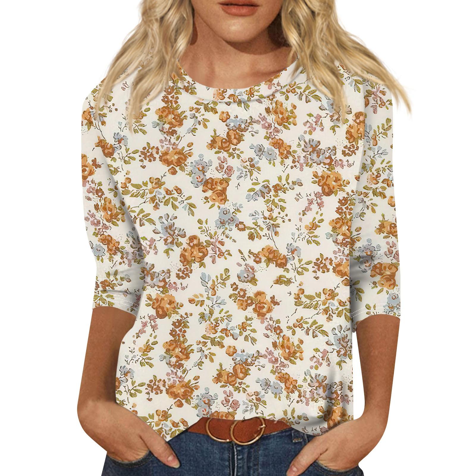 

Женская мода повседневная футболка с круглым вырезом и рукавом 3/4 с цветочным принтом, модные топы для женщин 2024 года, женские летние топы 8XL