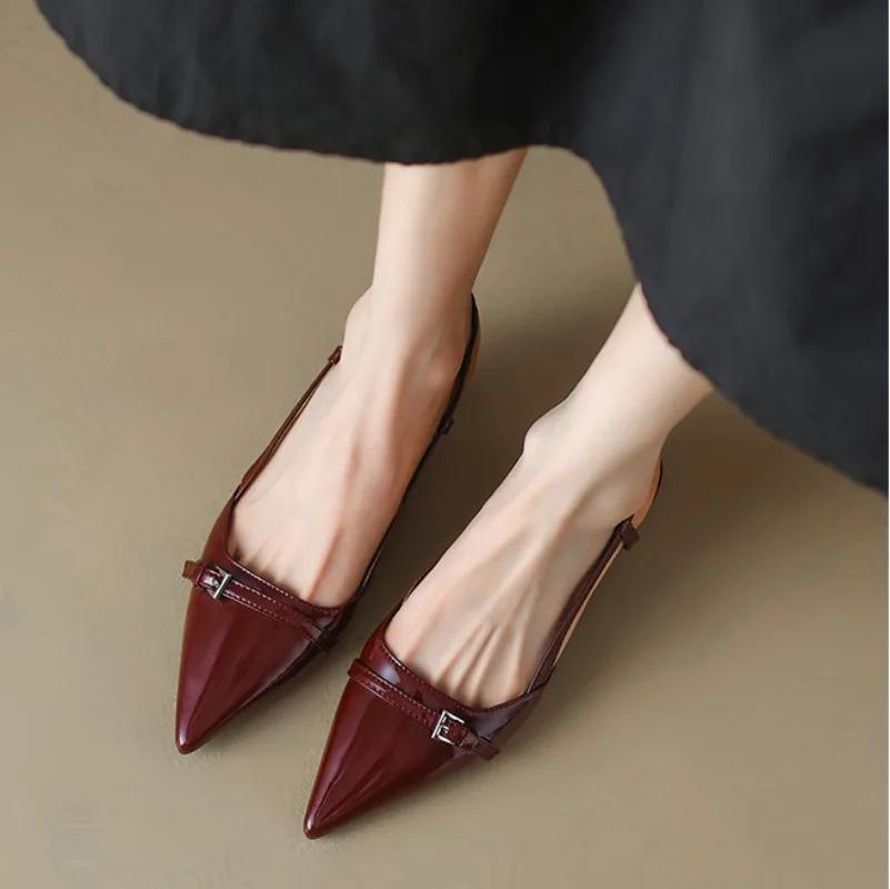 

New popular Fashion Women s Dress Shoes Patent Leather Slip on Pointed Toe Sandals Buckle Slingbacks Mid Heels Pumps 42 червоний