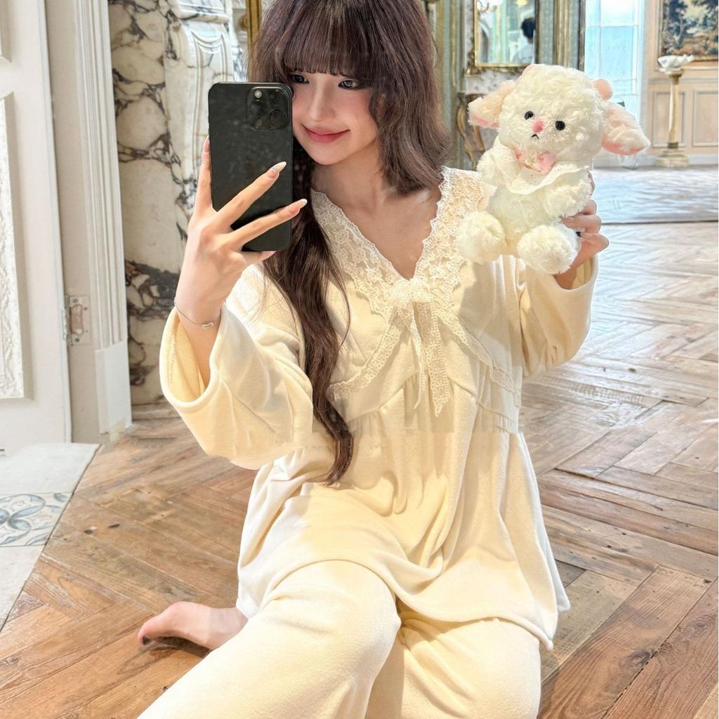 Korean new sweet and sexy long-sleeved home pajamas women's suit pajamas spring and autumn women's loungewear can be worn outside