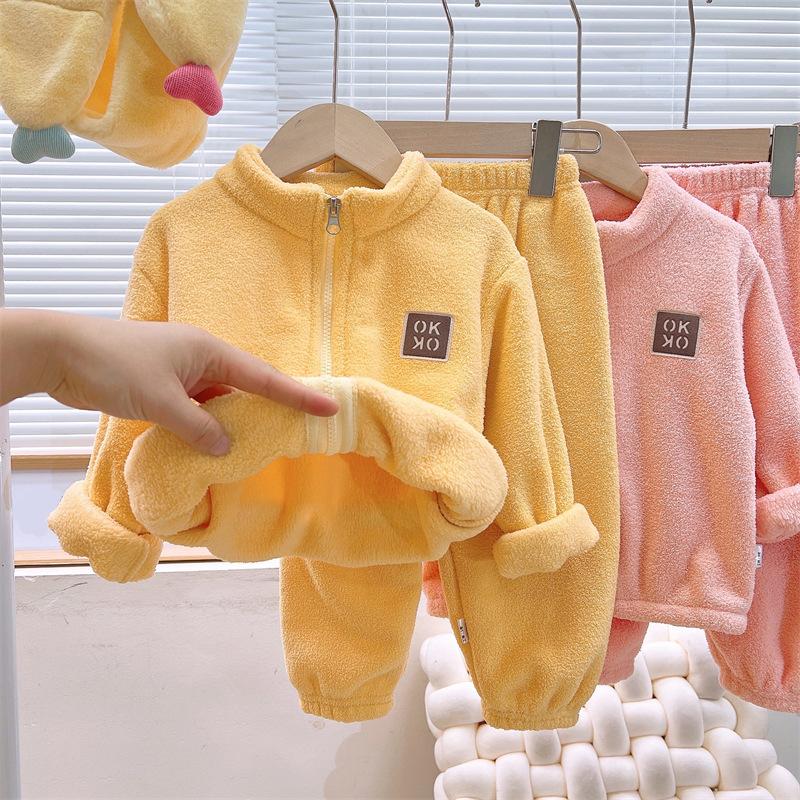 Plush Sets Children Autumn Winter Warm Fleece Suits Baby Thickened Cardigan Pants Outfits Boys Girls Homewear