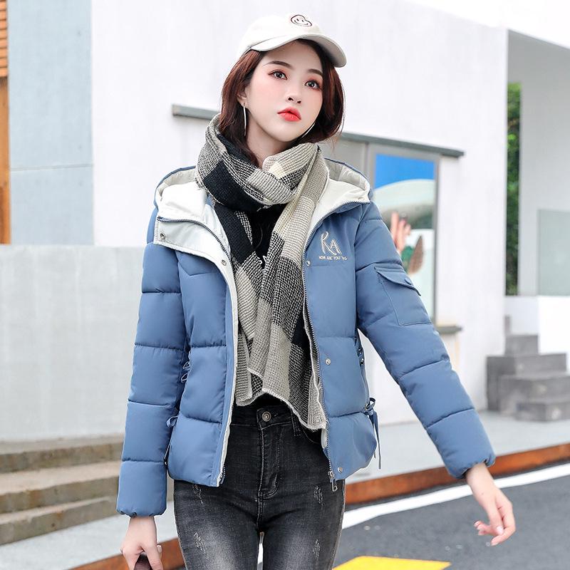 

Зимняя новая женская хлопковая одежда с капюшоном и принтом, женская хлопковая одежда на подкладке, короткая приталенная XXL синий