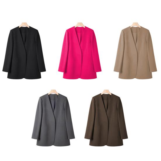 Women Suit Coat Collarless Long Sleeve Solid Color Casual Coat Loose Fit No Buttons Cardigan Style Outerwear Work Wear
