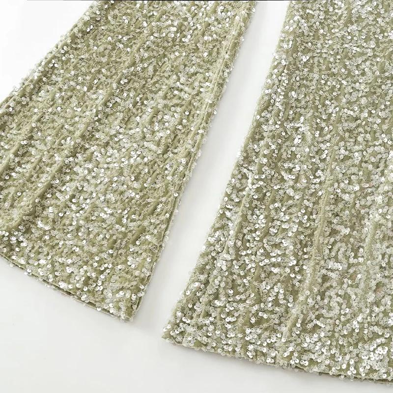 Women's Sequins High Waist Flare Pants Loose Zipper Slim Fashion Wide Leg Trousers Autumn Winter Shiny Chic Streetwear