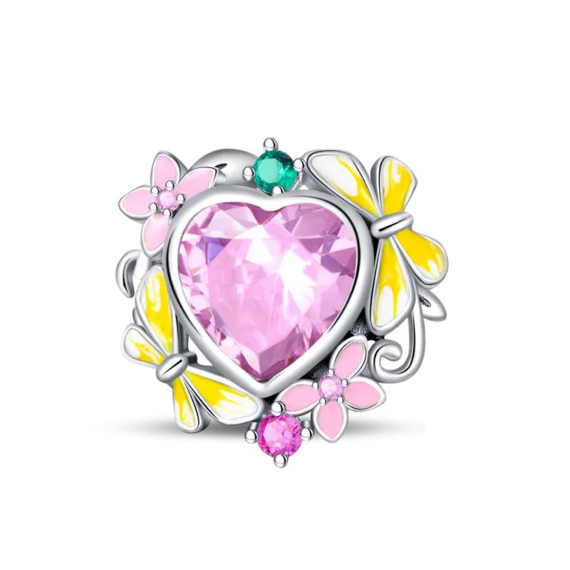 Copper Cute Pink Flowers Heart Pendant Beads Fit 4Mm Hole Diamete Charm Bracelet For Women Diy Jewelry Making Gift