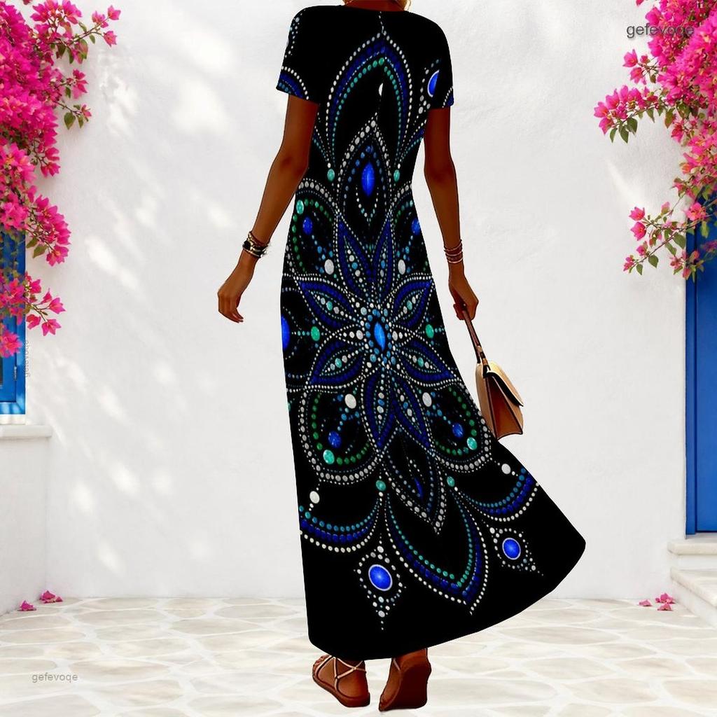 Women Plus Size V Neck Short Sleeve Floral Printed Black Long Dress