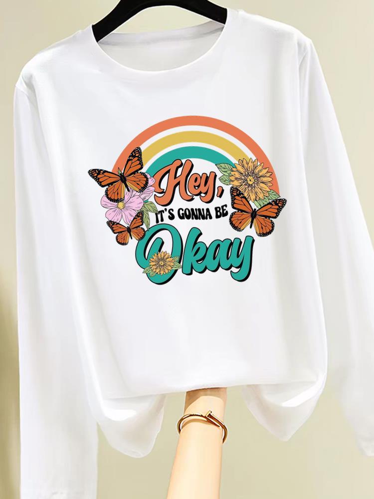 (Asian Size) butterfly cute o-neck Graphic Print T Shirt Women Clothing Tee autumn winter spring Casual Fashion Top Long Sleeve T-shirts