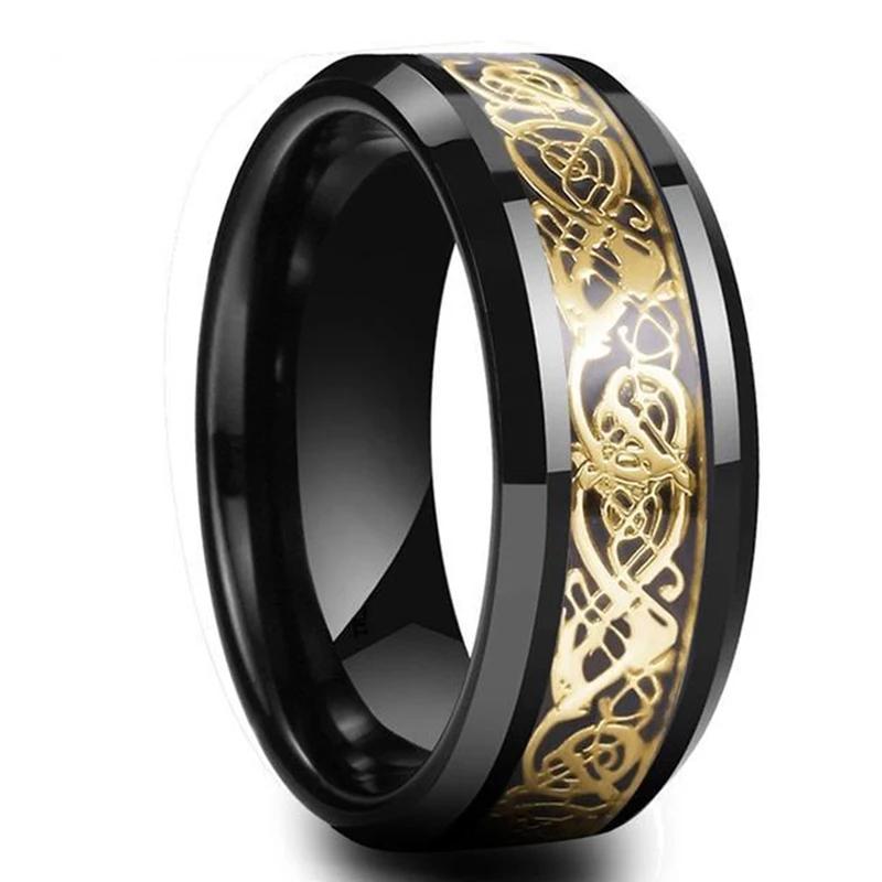 Fashion 8mm Men's Stainless Steel Celtic Dragon Ring Inlay Red Green Black Carbon Fiber Ring Wedding Band Charm Jewelry Gifts