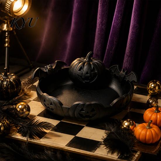 Party Food Display Tray Halloween Pumpkin Tray, Bat Relief Candy Holder, 3D Printed Holiday Gift for Desktop Storage Bowl, Spooky Tabletop Ornament