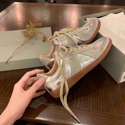 Cowhide Version~ Silver Women's Leather Color Matching Casual Sports Versatile Board Shoes Flat Thick Sole
