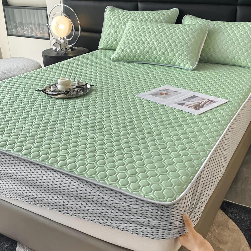 Soft Thick Latex Ice Silk Fitted Sheet Set Queen Cool Down Bed Sheet and Pillowcase Washable Machine Summer Cooling Mat for Bed