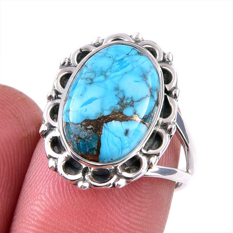 

Natural Blue Copper Turquoise Gemstone 925 Solid Sterling Silver Ring S.7 c6Y49