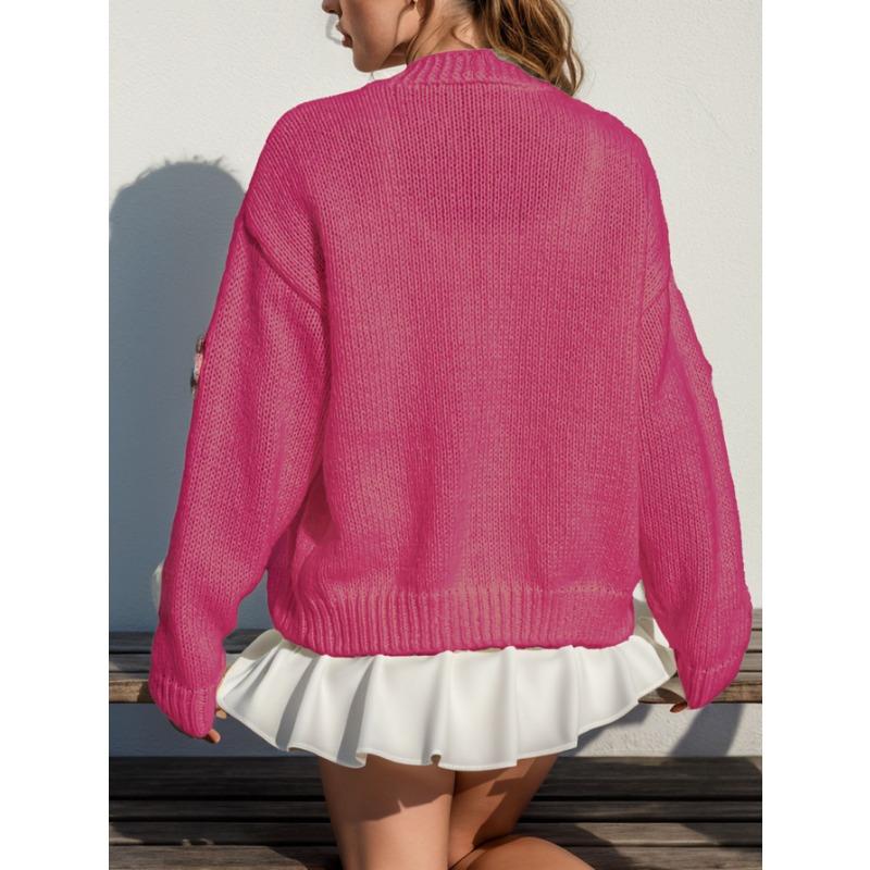 Dam Höst Vinter Söt Stickad Kofta Långärmad Knäppning Lös Varm Tröja Blomtryckt Öppen Framsida Kappa