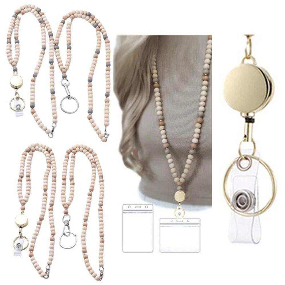 Retractable ID Badge Holder Lanyard Stainless Steel Clasp Bead Teacher Lanyard  Teacher Use