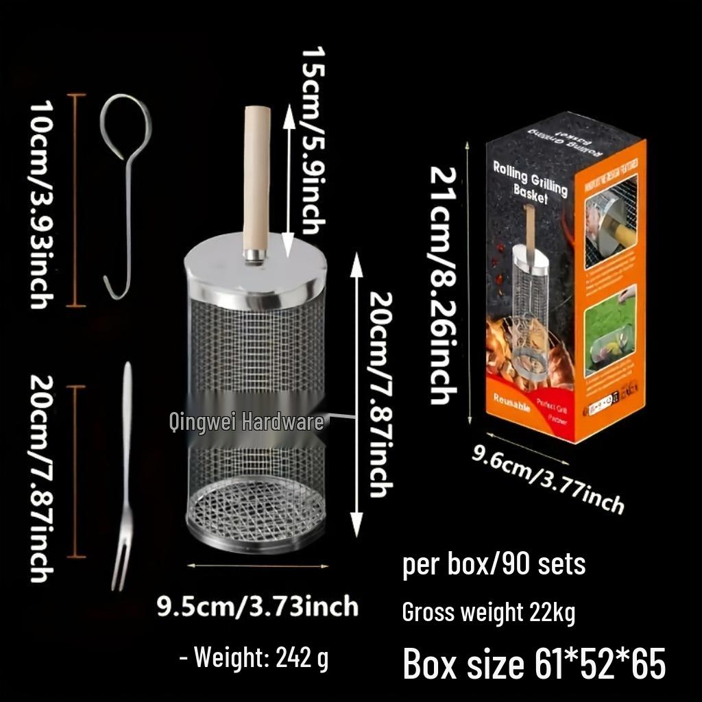 Portable Stainless Steel BBQ Basket with Wooden Handle – Round Outdoor Grilling Cage