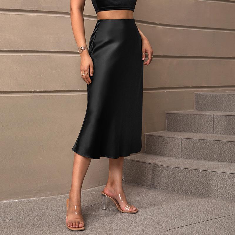 European & American Style Satin Midi Skirt - Spring/Summer 2025 - Elegant A-Line Polyester Skirt