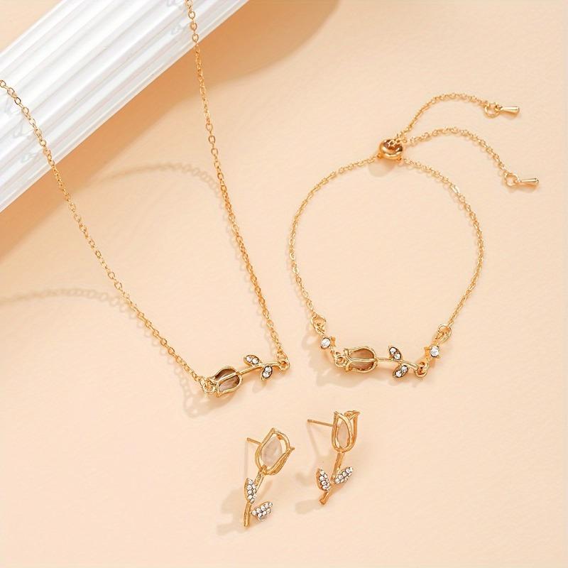 4-piece/set Elegant Tulip Flower Pendant Necklace, Earring Bracelet, Suitable for Women's Wedding Banquet Charm