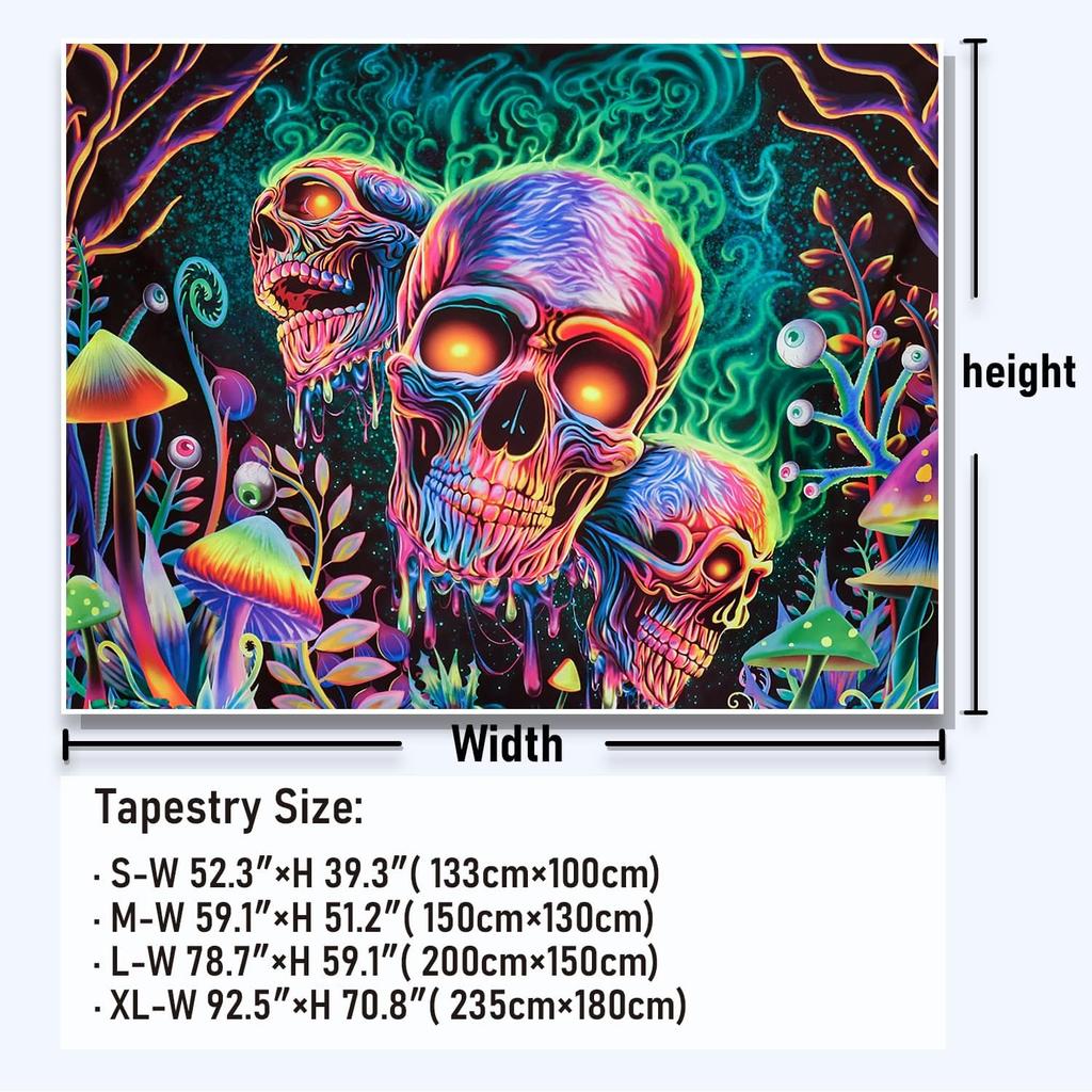 Amonercvita Blacklight Skull Tapestry Trippy Skeleton Wall Tapestries UV Reactive Neon Plants Trees Tapestries Aesthetic Galaxy Space Tapestry Wall