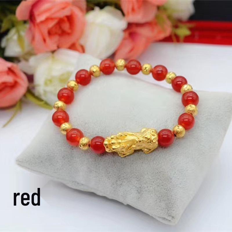 Gold-Plated Pixiu Bracelet with Red & Green Chalcedony - Unisex Fashion Jewelry