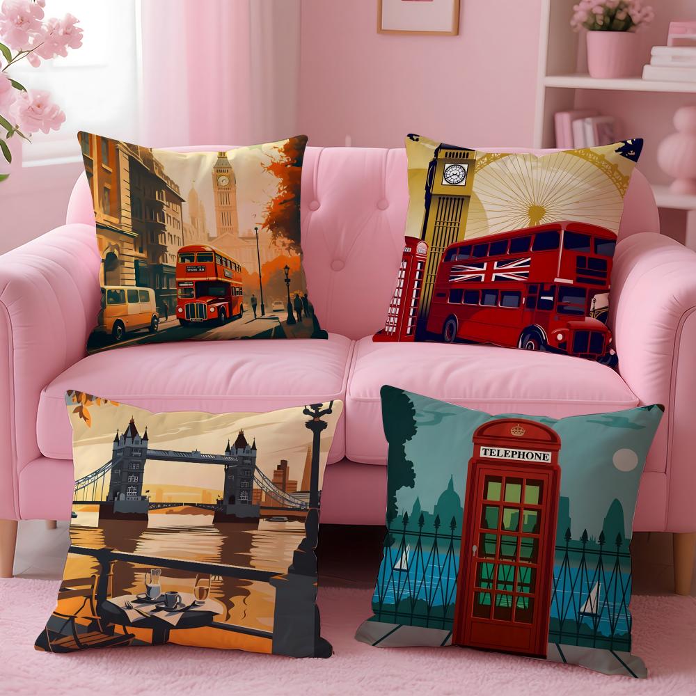 Uk Scenery Retro Cushion Cover Plush Fabric Soft Double-Sided Printed Sofa Warm Winter Home Gift Pillow Cover