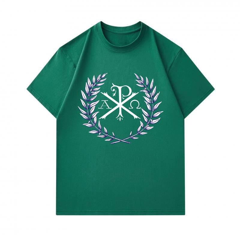 Men's 100% Cotton Crew Neck Short Sleeve T-Shirt, Chi Rho Alpha Omega Laurel Wreath Print Casual Comfortable Breathable Fashion Tee for Daily Wear Rel