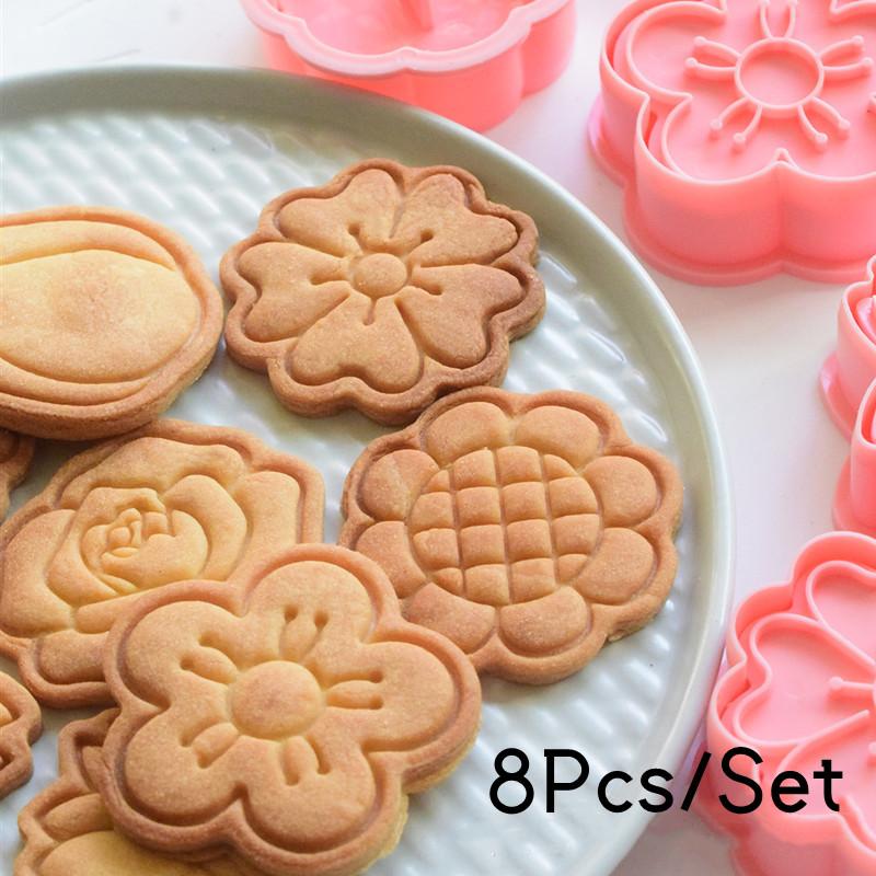8pcs/set Flower Shape Cookie Cutters 3D Biscuit Mold Cookies Stamp DIY Fondant Cake Sunflower Rose Tulip Mould Pastry Bakeware