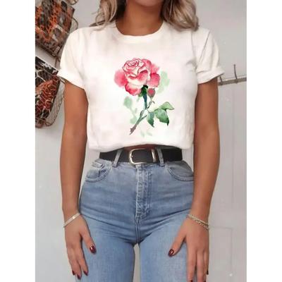 T-shirts T Top Print Women Cartoon Shirt Female Watercolor Sweet Trend Flower Clothing Fashion Summer Short Sleeve Graphic Tee