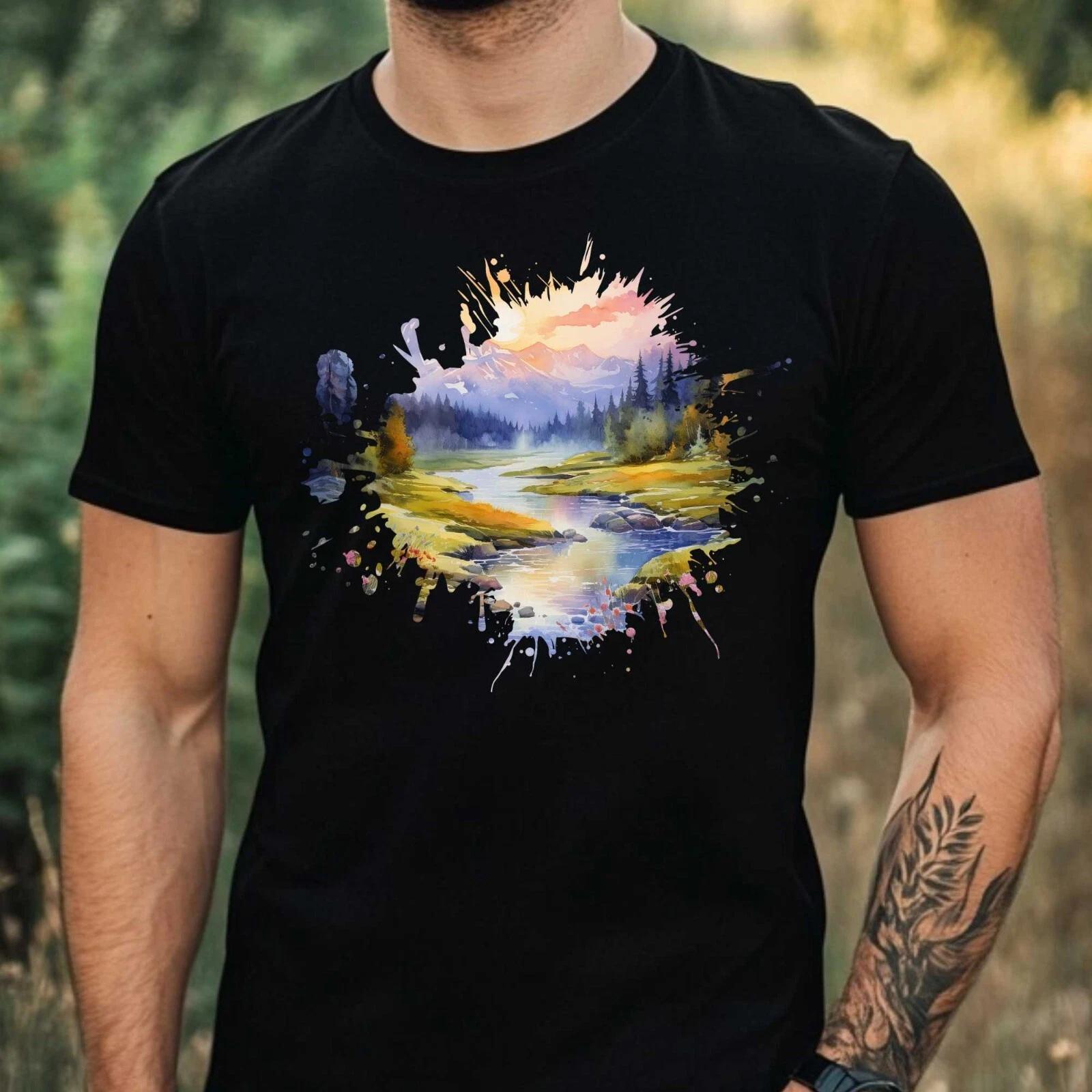 T-Shirt Herren Aquarell Berglandschaft Motiv Baumwolle Größe XS bis 5XL XL