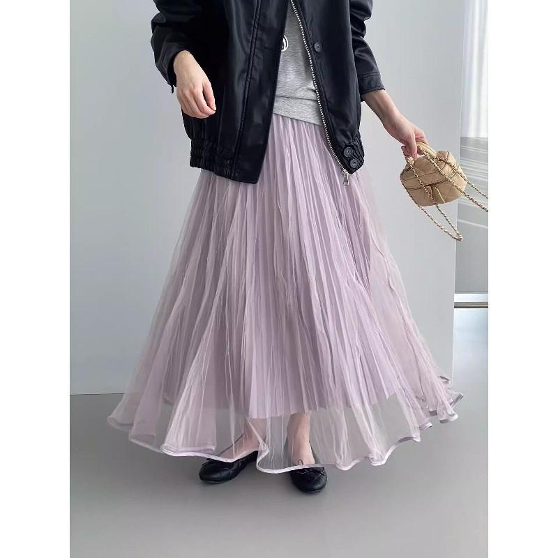 Qooth Tulle Pleated Midi Skirt Elastic High-Waist Draped Skirt Flowy Fairy Half Skirt for Women QT2987