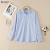 Women Casual Turn Down Collar Long Sleeve Stripe Blouse