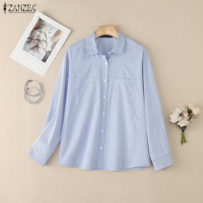 Blusa informal a rayas de manga larga con cuello vuelto para mujer