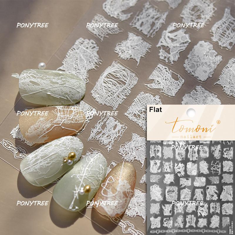 Delicate White Lace Bowknot Simulated Fabric Ribbon Silver Stamped Noble Rhinestone 5D Adhesive Nail Art Sticker Manicure Decal