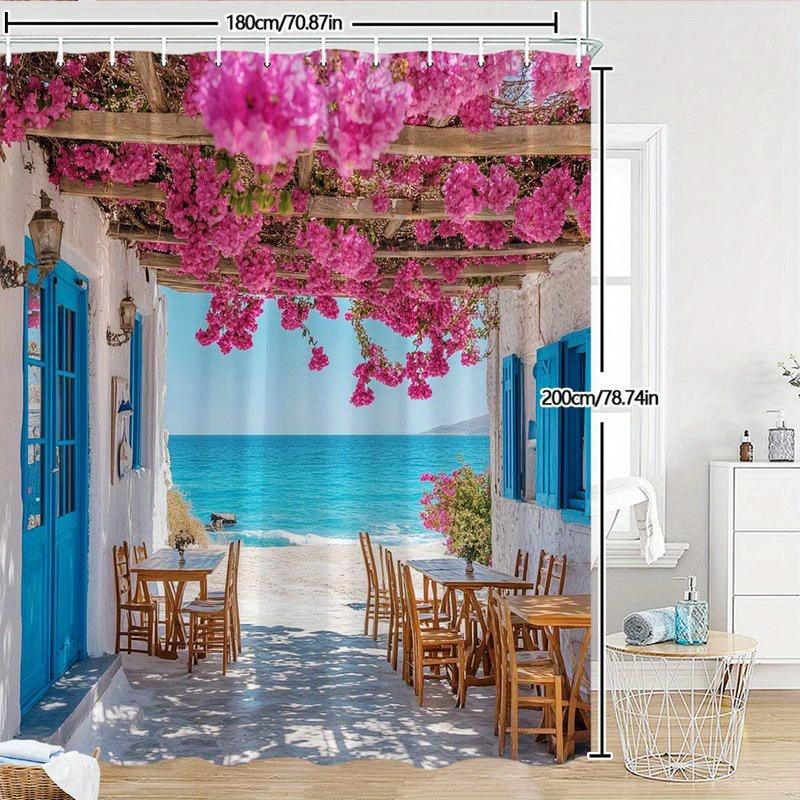 Mediterranean Sea View Shower Curtain Pink Flowers Blue Door Ocean Scene Waterproof Bathroom Decor Coastal Style Home Textile