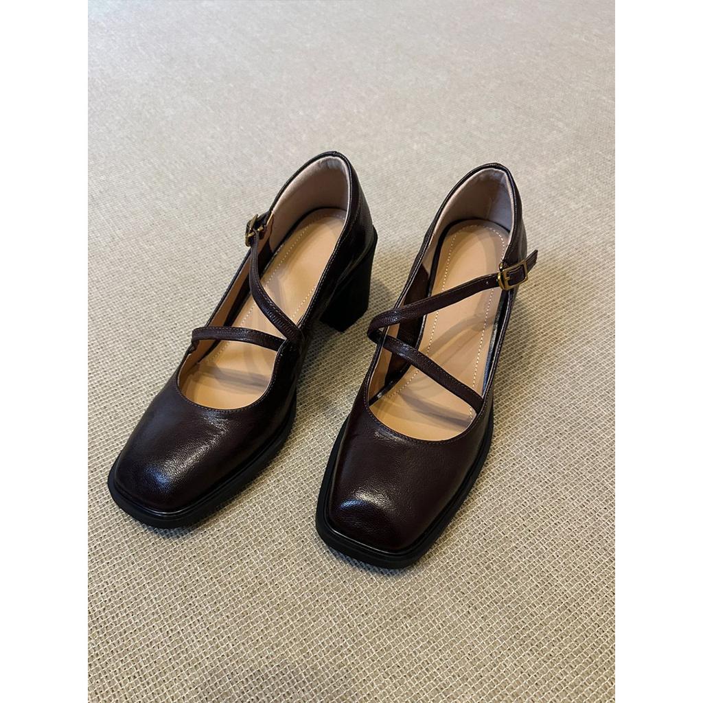 Sheepskin version~ Mary Jane high heels women's thick heels professional commuting comfortable versatile small leather shoes cross strap single shoes
