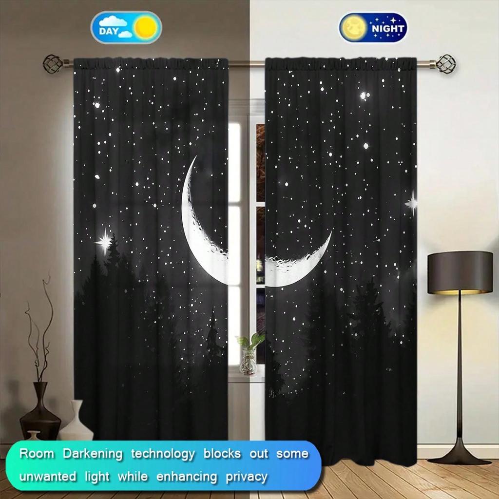 2pcs Black And White Starry Sky Crescent Moon Decorative Curtains   Warm In Winter   Insulated In Summer   Energy-Saving Suitable