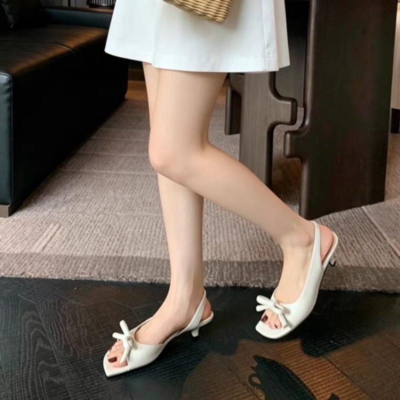 Heel high French square head bow empty open-toed sandals women's outer wear summer beautiful high heels