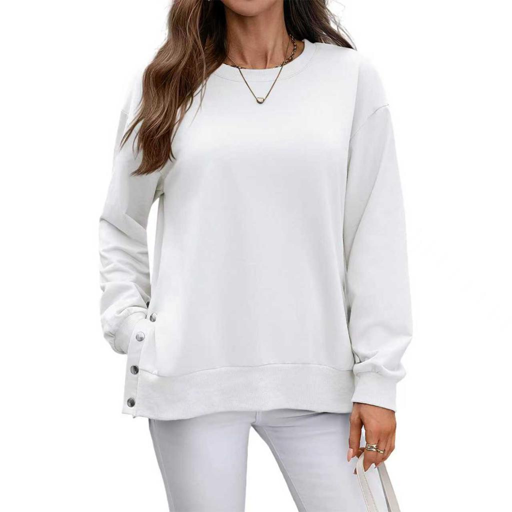 Women's Fashionable Round Neck Long Sleeved Solid Color Button Hem Slit Casual Hoodie Top