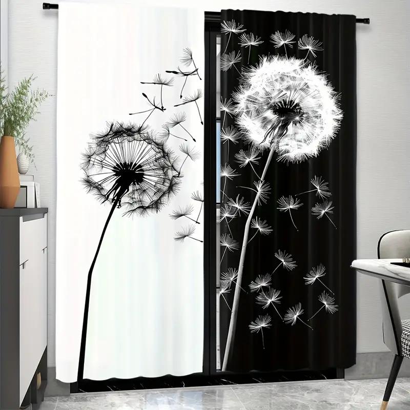 2PCS 2D Flat Curtains, Polyester Material, Dandelion Print Art Design, Pole Bag Design, Bedroom, Home Decoration