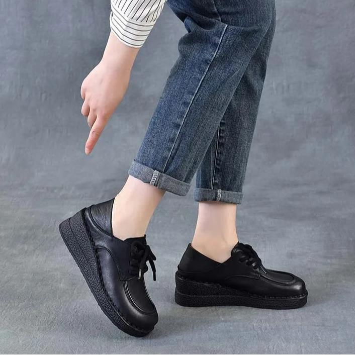 Johnature Genuine Leather Wedges Shoes Versatile Comfortable Soft Soled Lace-up Four Seasons Shoes