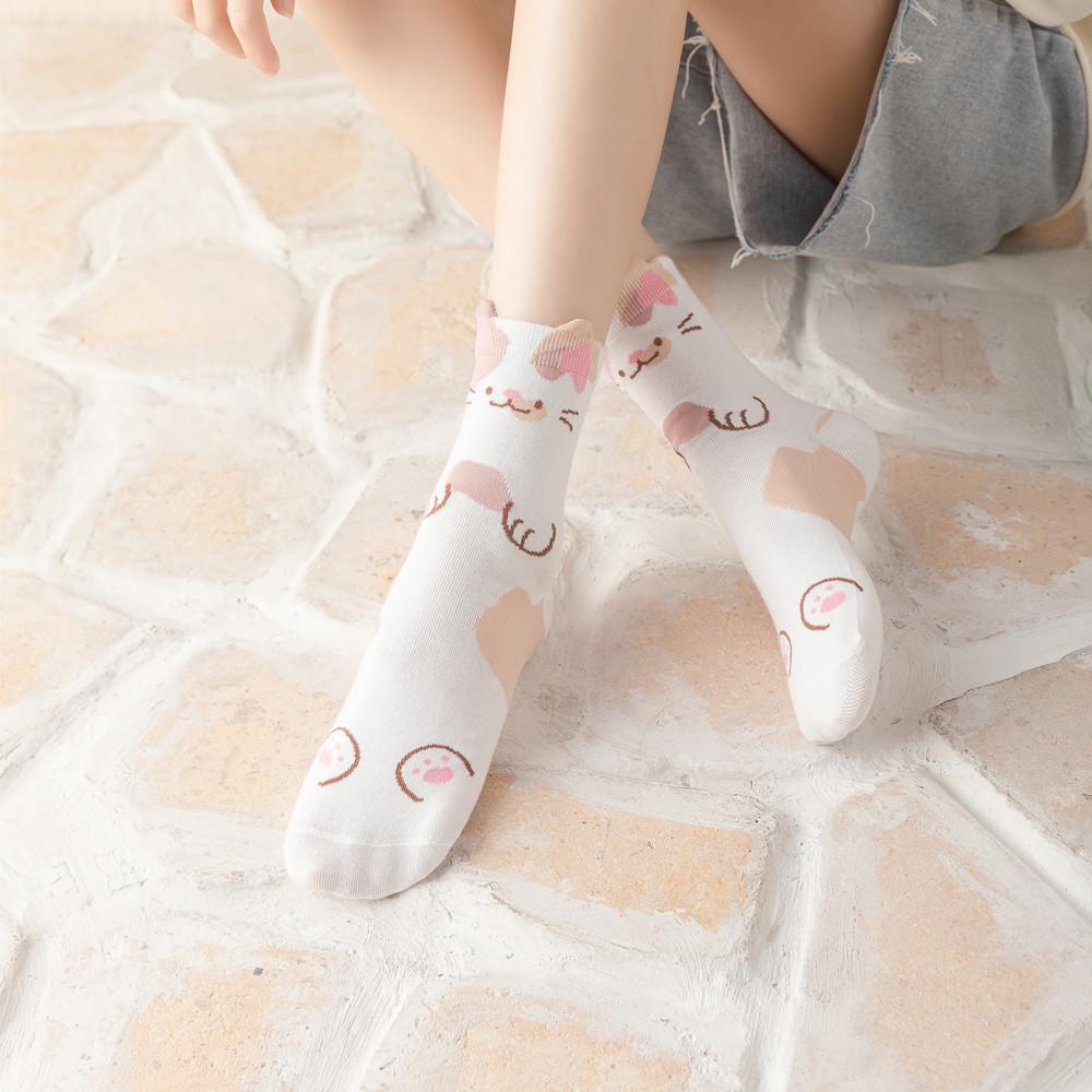 Women's Cute Cartoon Cat Mid-Calf Socks 3D Ears Lucky Cat Cotton Casual Socks