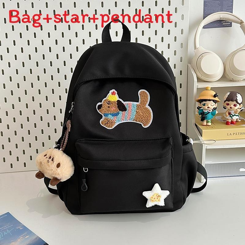 Solid Color Cute Sausage Dog Embroidery Pattern Student Backpack With Star Pendant