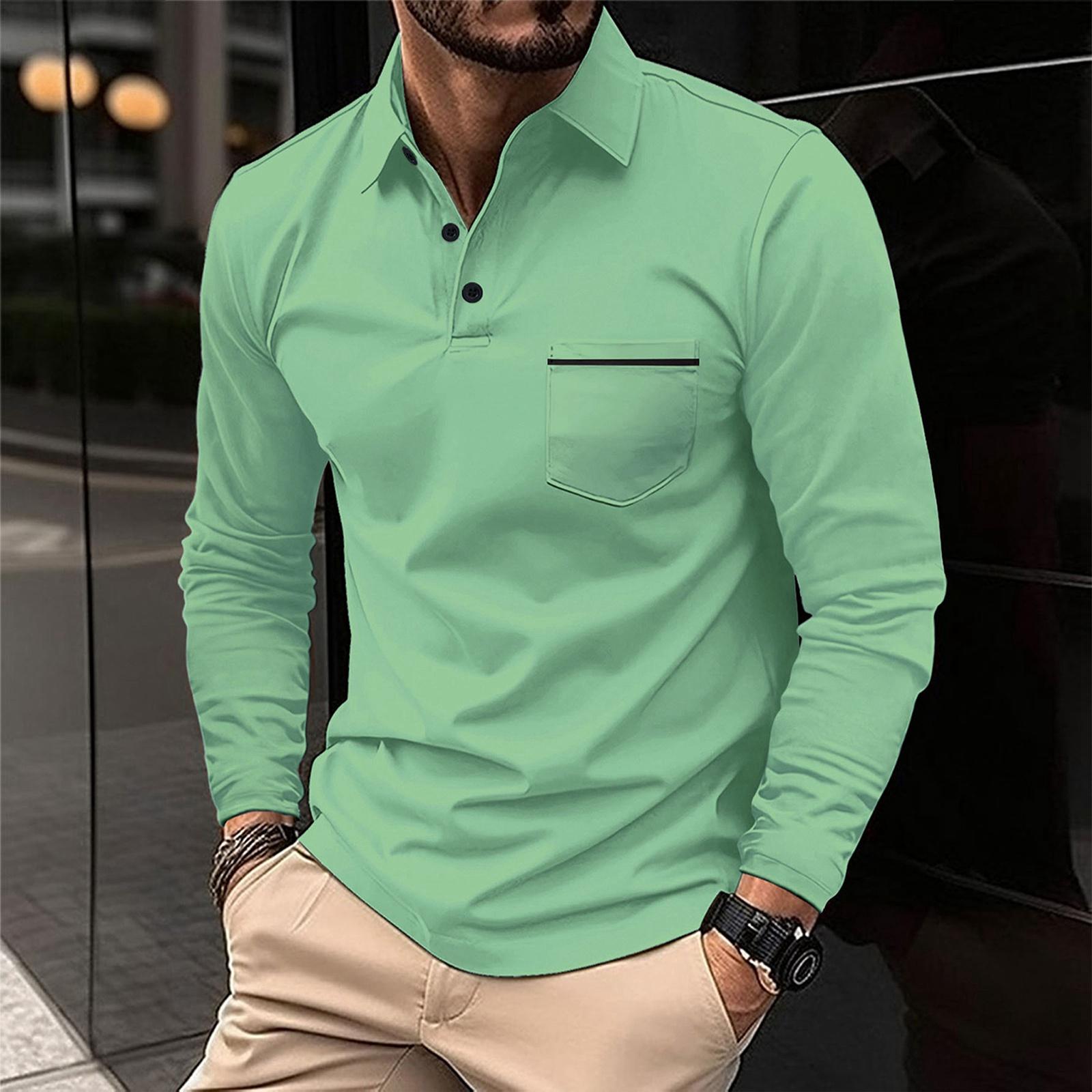 Tracy1 Heren Long Sleeve Polo Shirt Casual Knopenkraag Ontwerp Lichtgewicht Ademend Stof Klassieke Pasvorm Top L