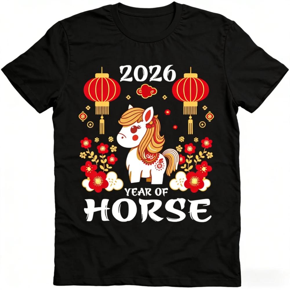 2026 Jahr des Pferdes T-Shirt Mondneujahrshemd Chinesisches Neujahrs-T-Shirt Niedliches Sternzeichen-Pferd Cartoon-Aufdruck T-Shirt Damen Oberteile