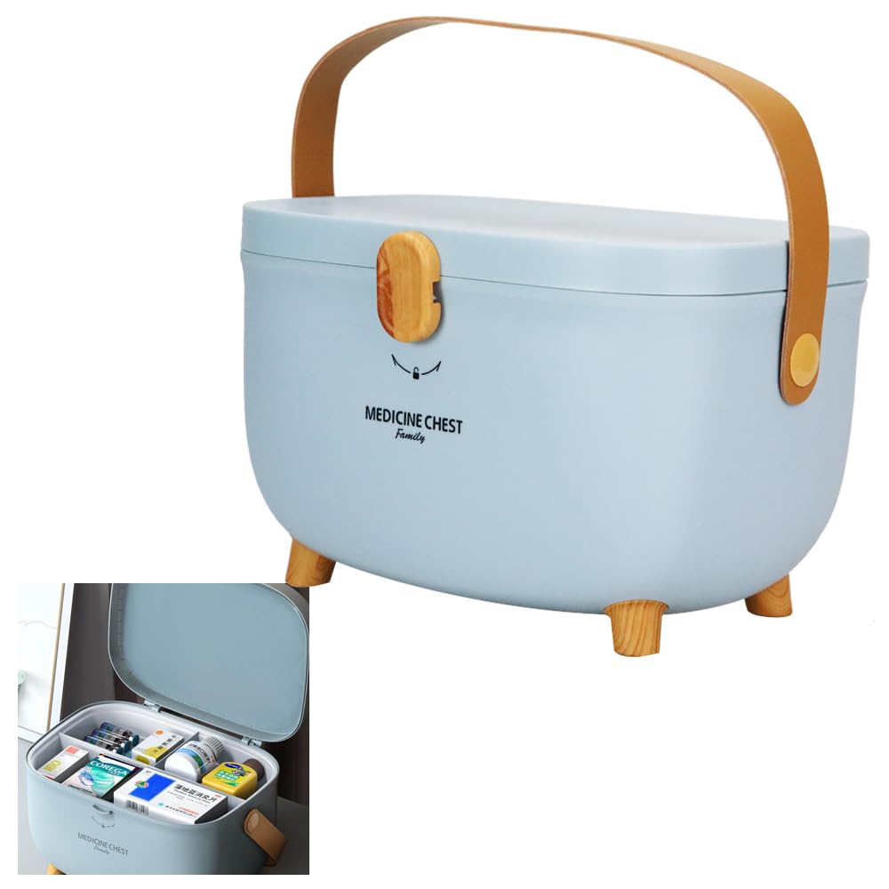 

Двухуровневая аптечка с поворотным замком, ручкой для переноски, большой вместимостью, скругленными углами и съемным лотком-разделителем (синий)