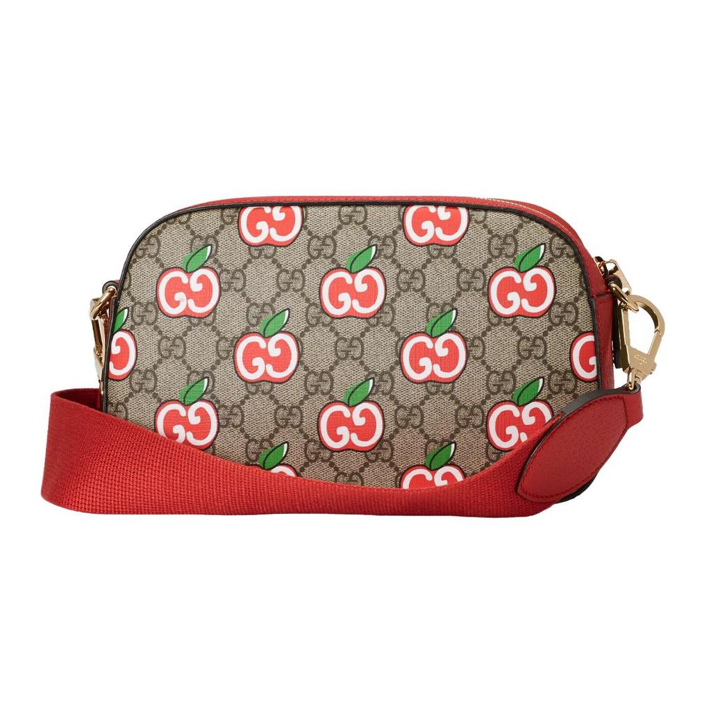 Gucci Vintage Logo Apple Pattern Leather Canvas Camera Bag Women Shoulder Bag Red Brown 574886-2EVDG-8646
