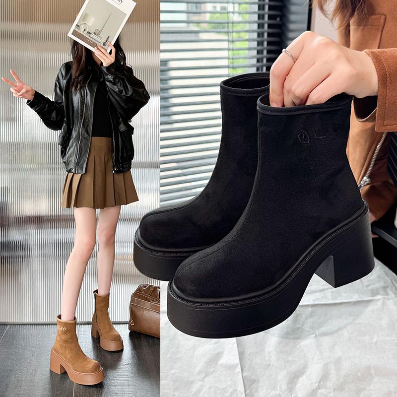 New Women's Platform Boots Autumn Suede Fashion Ankle Boots Elastic Slip On Woman Shoes Casual Solid Chunky High Heel Boots