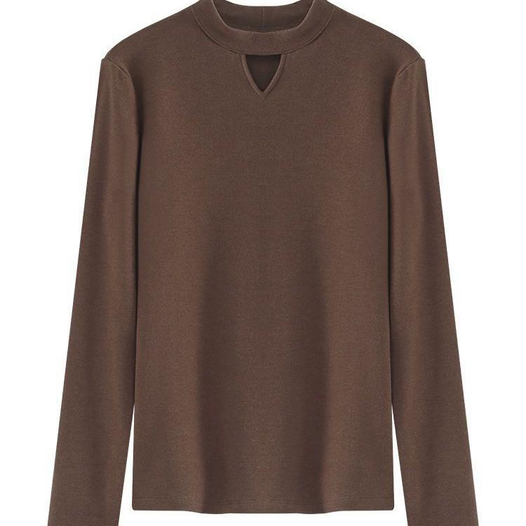 Semi-turtleneck Polished Double-sided German Velvet Bottoming Shirt for Women's Autumn and Winter New Hollow-out Inner Student Long-sleeved T-shirt