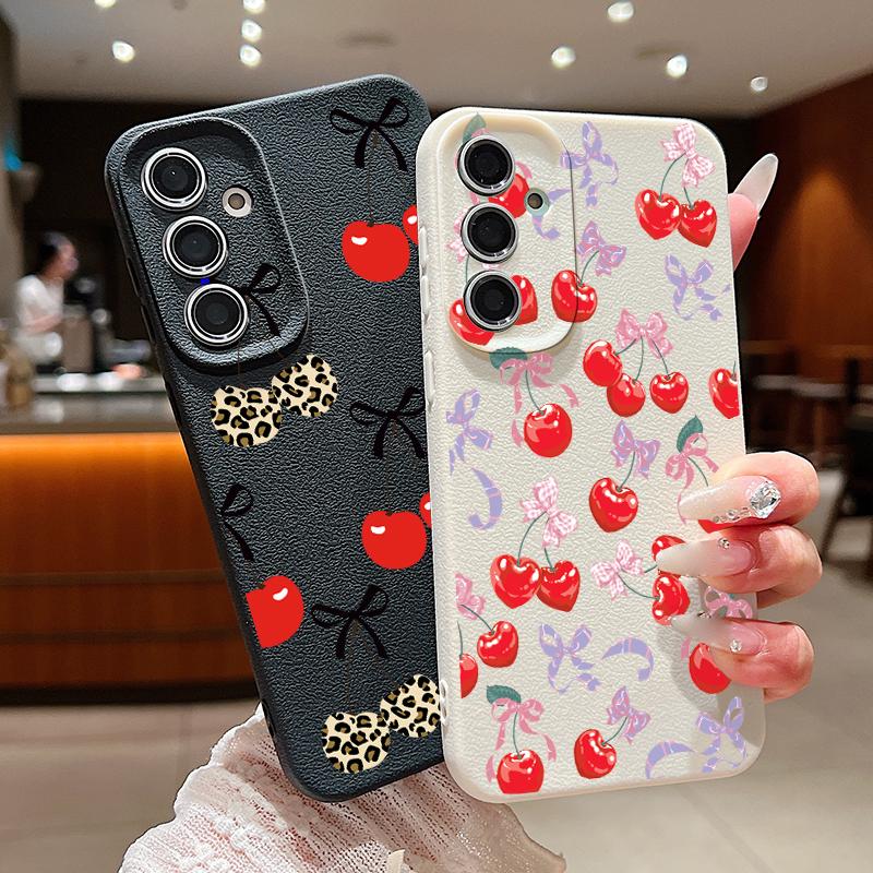 Cartoon Cherry Fruits Case For Samsung S26 Ultra S25 A18 S24 S23 S22 S21 FE A15 A16 A17 A35 A36 A37 A54 A55 A56 A57 Leather Texture Silicone Cover