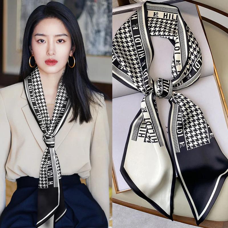 Mode Blauer Druck Seidenschal Damen Weicher Satin Pferdehaarband Schräges Halstuch Büro Hijab Stirnband Foulard Taschenbänder Geschenk