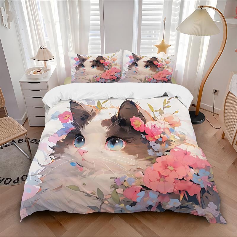 3pcs Artistic Appealing Cat & Flowers Print Bedding Set (1 Cover + 2 Pillowcases, Without Inserts), This Printed Bedding Set is Soft and