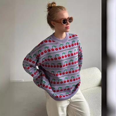 Autumn Winter Cherry Print Sweater Women's Mid-length Retro Pullover Loose Fit Comfortable Versatile Knitted Undercoat Top